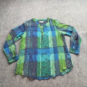 Liz Claiborne Top Womens L Green Blue Paisley Popover Blouse Sheer Silver Button